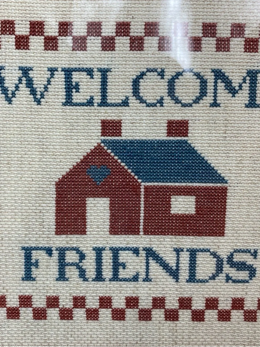 Welcome Friends Framed Cross-Stitch Home Accent - Red & Blue VTG 1991